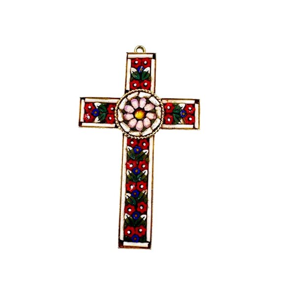 Vintage Micro Mosaic Made In Italy Cross Floral Pattern - Picture 1 of 4